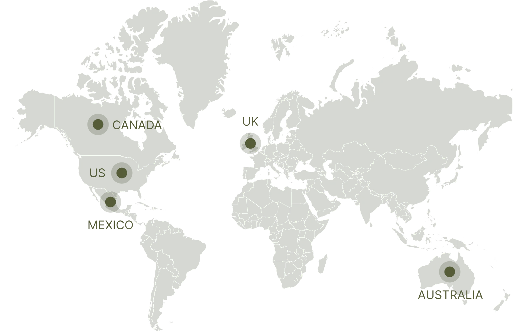 World map highlighting InboxArmy markets: Canada, US, Mexico, UK, and Australia