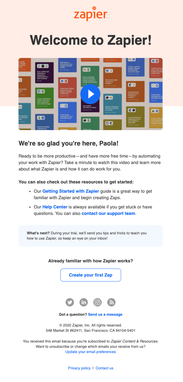 zapier welcome email