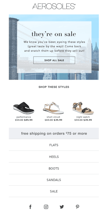aerosoles email drawing attention to cta