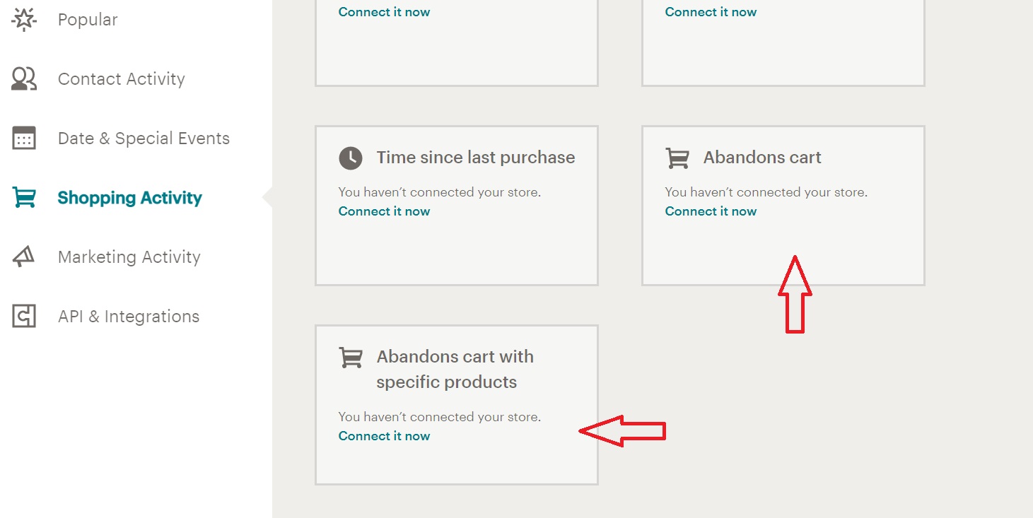 Choosing Shopping activity in mailchimp