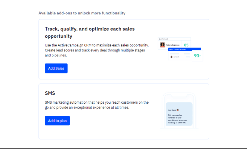 Add-ons for your ActiveCampaign Plans
