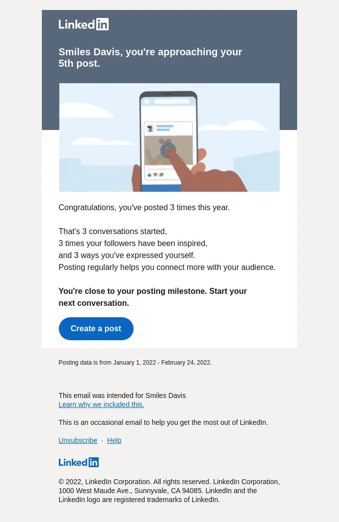 Linkedin milestone email