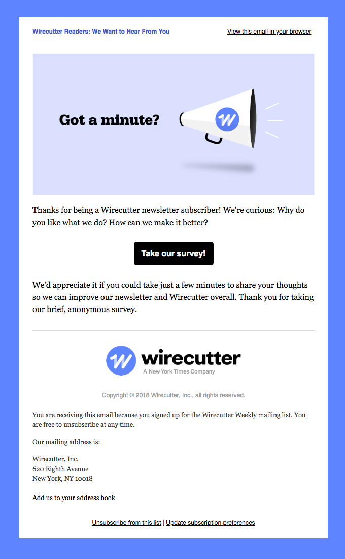 Anonymous Survey email sample by wirecuttter