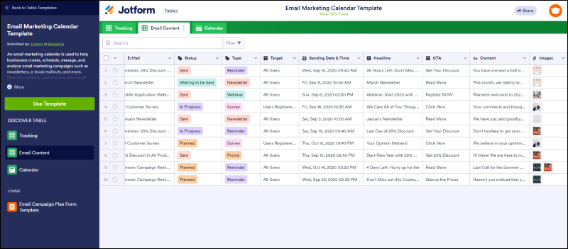 Jotform Email Marketing Calendar Template from Jotform