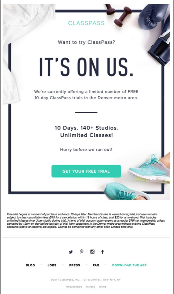 classpass Free Trials email example
