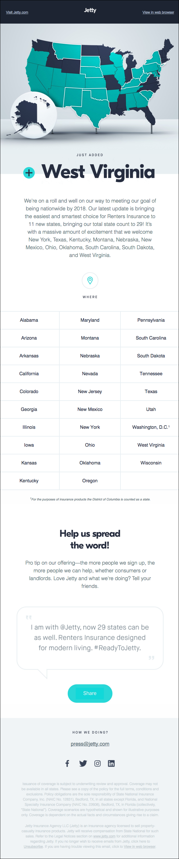 New Coverage Jetty insurance email marketing example