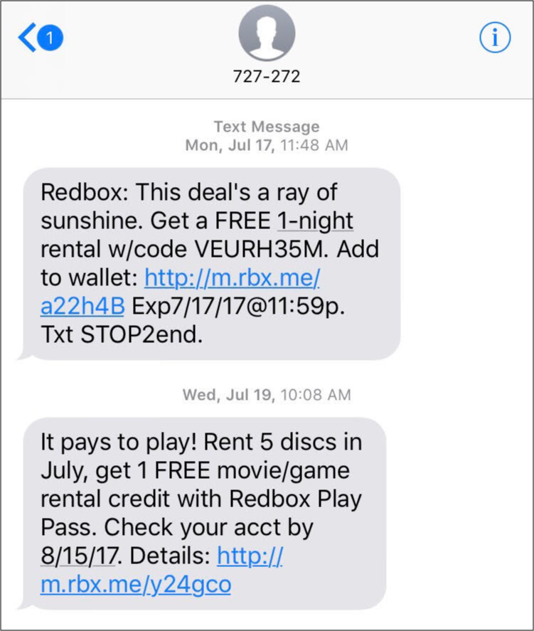 SMS campaign example from Redbox