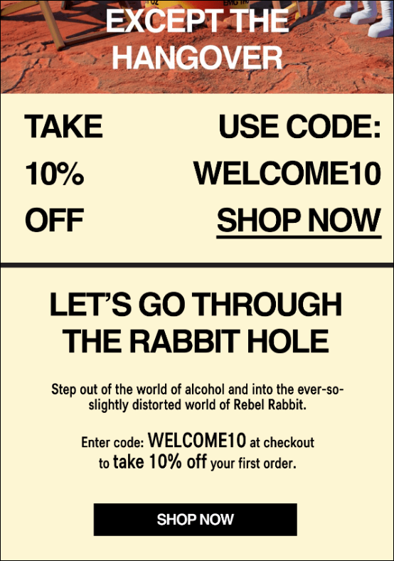 Rebel Rabbit Welcome Discount Code onboarding email