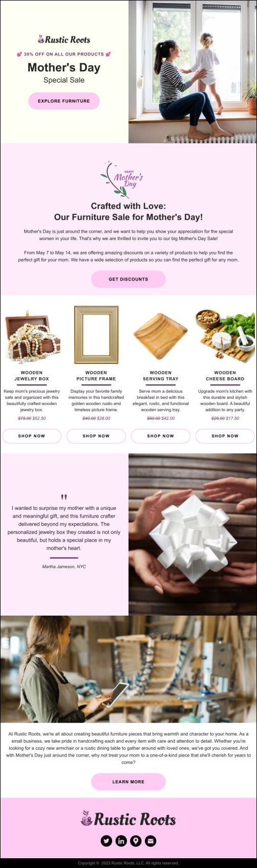 Rustic Roots' attractive dreamy pink Mother's Day Sale campaign