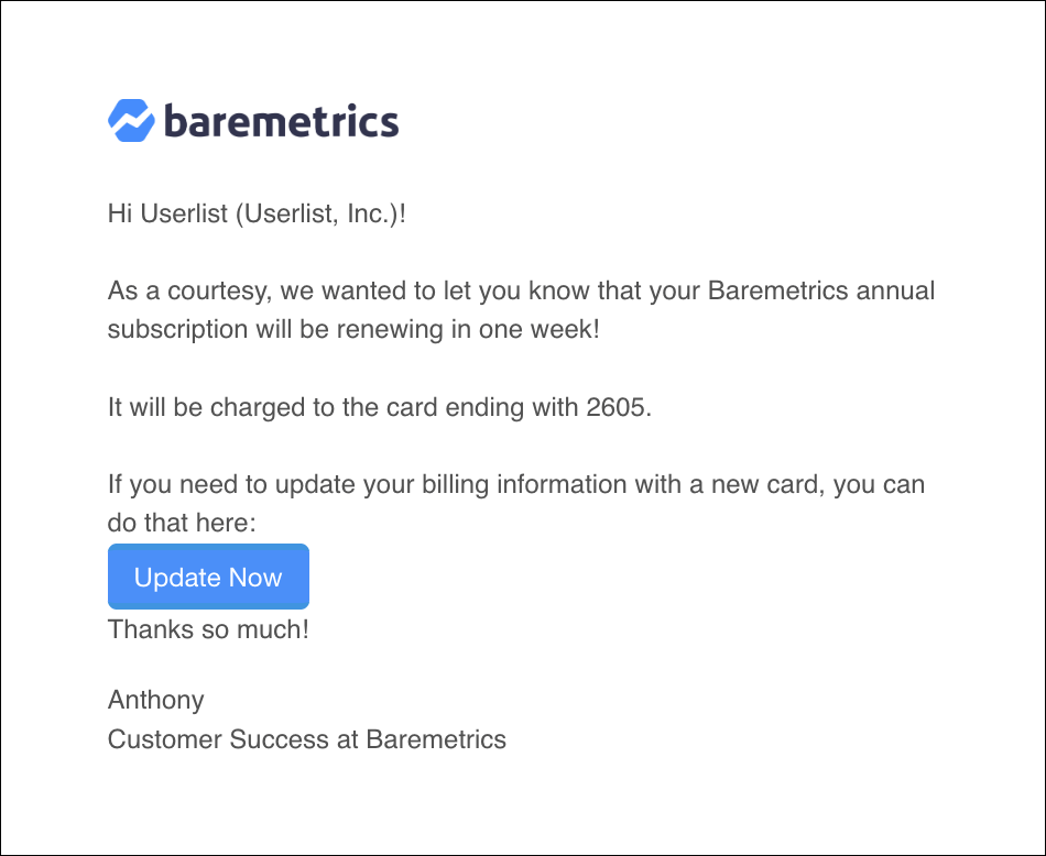 Subscription renewal emails from barametrics
