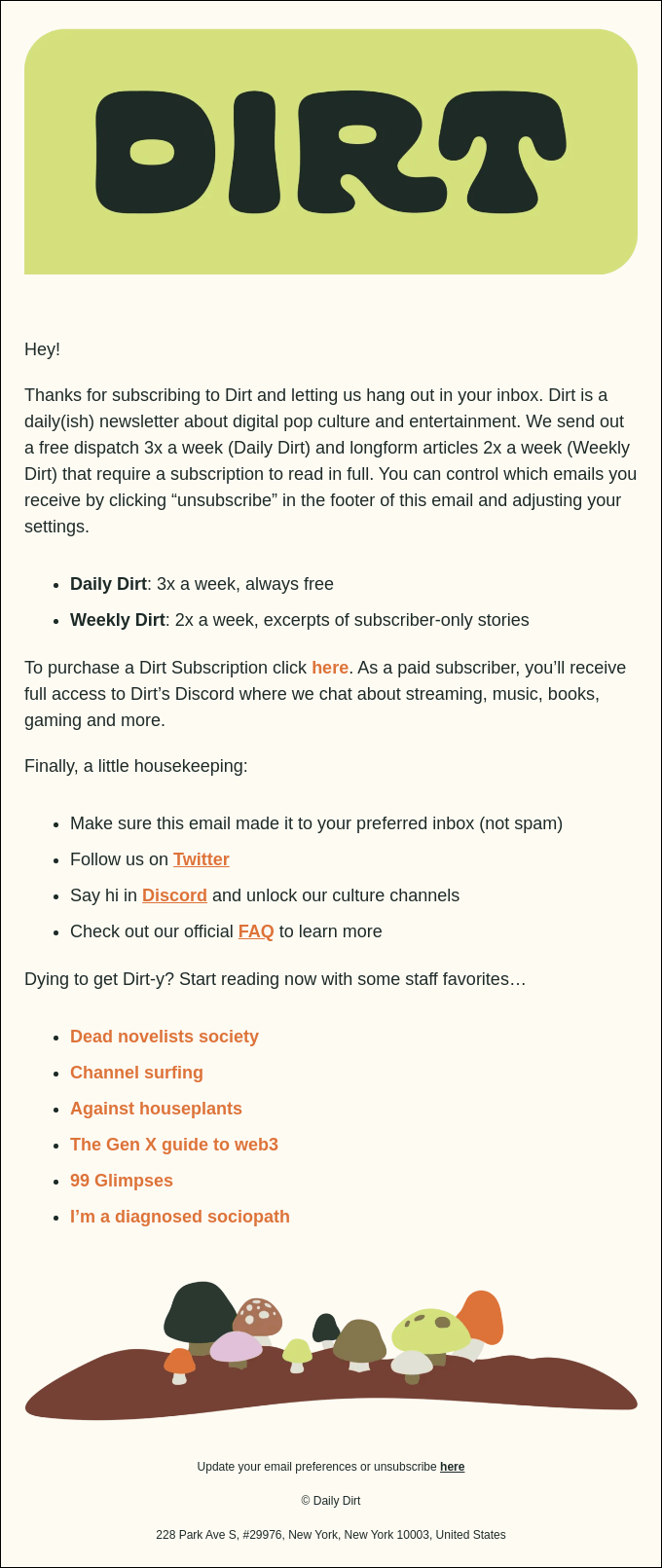 Dirt New Subscriber mail