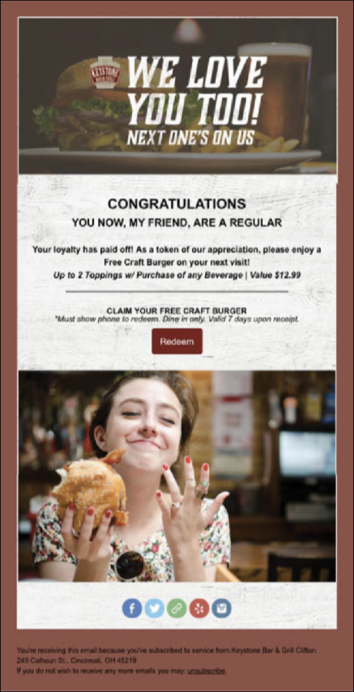 Keystone’s Bar & Grill loyalty focused emails