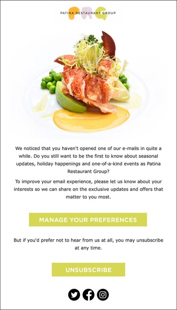 Patina Restaurant Group's we miss you email to subscribers who've gone MIA.