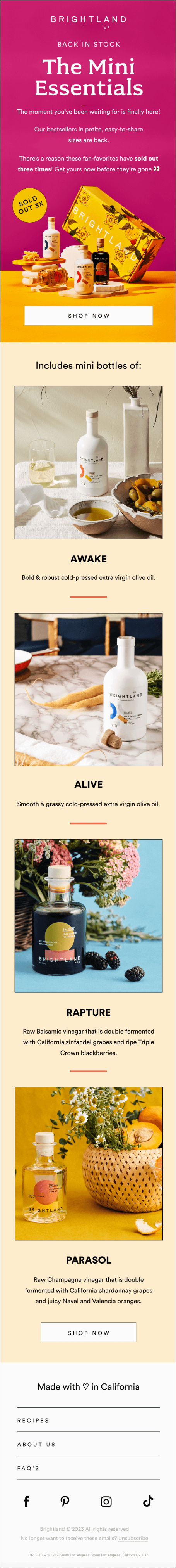 Restock alert email from Brightland