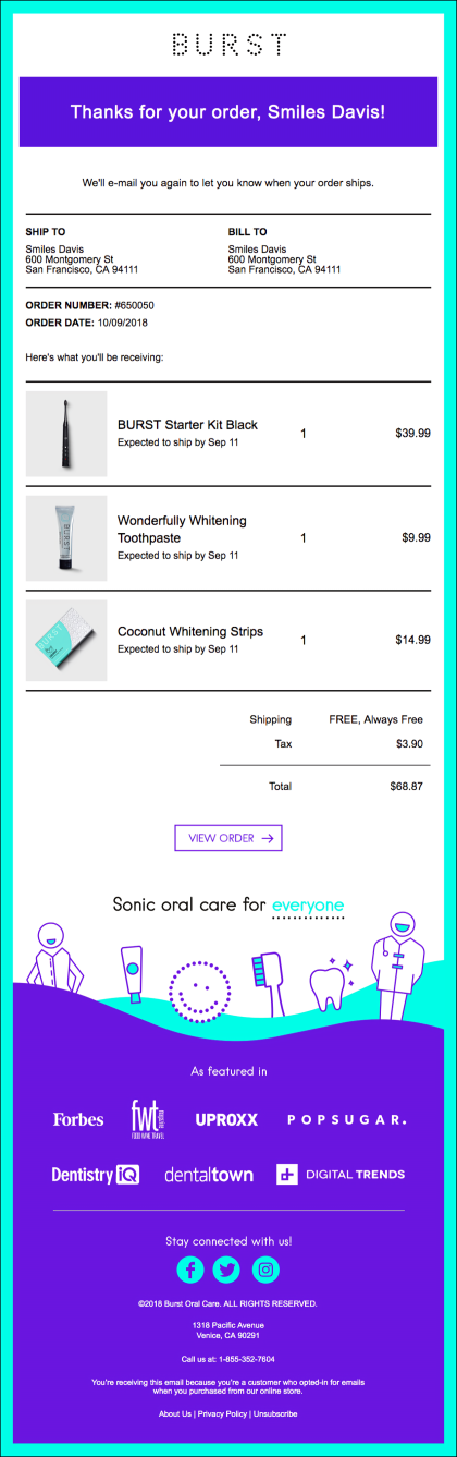 order confirmation email from Burst