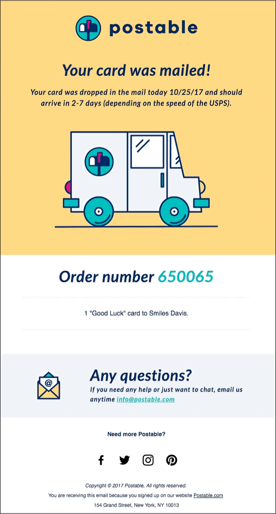 shipping confirmation email from Postable