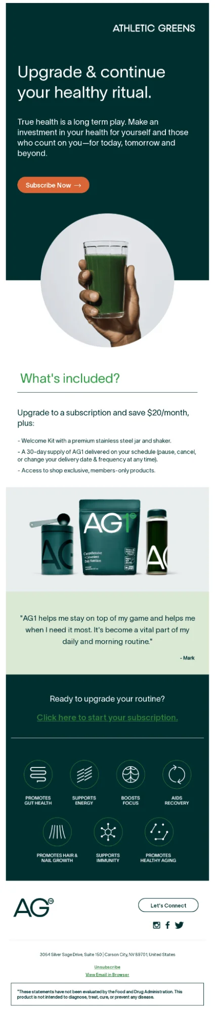 Athletic Greens upsell email example promoting subscription upgrade