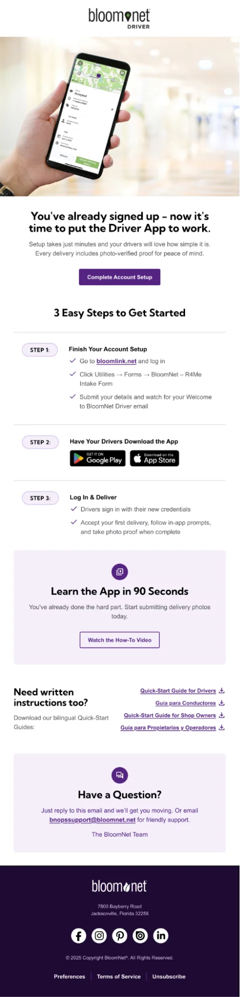 BloomNet product onboarding email example with three setup steps