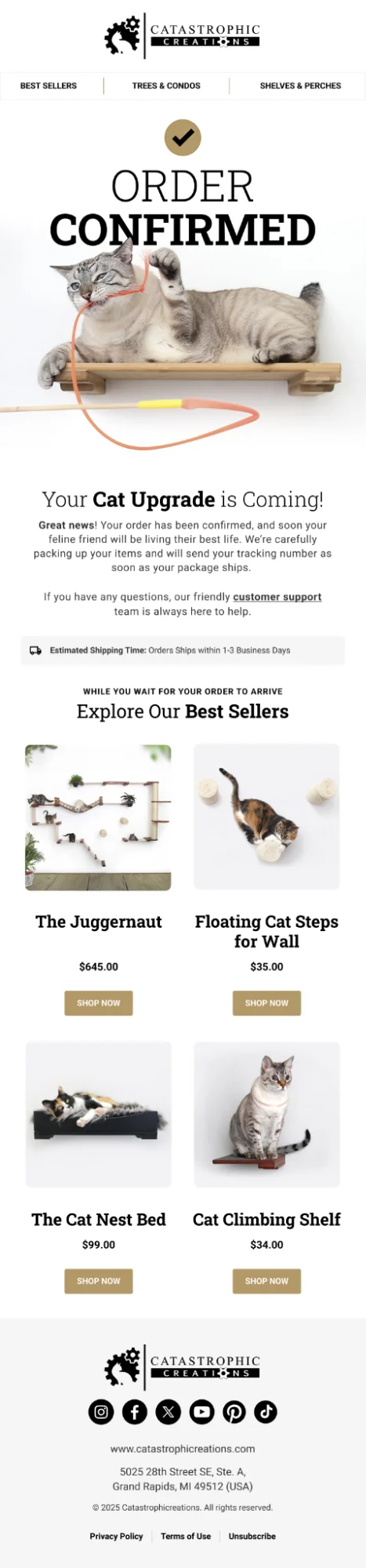 Catastrophic Creations order confirmation email example with best sellers carousel