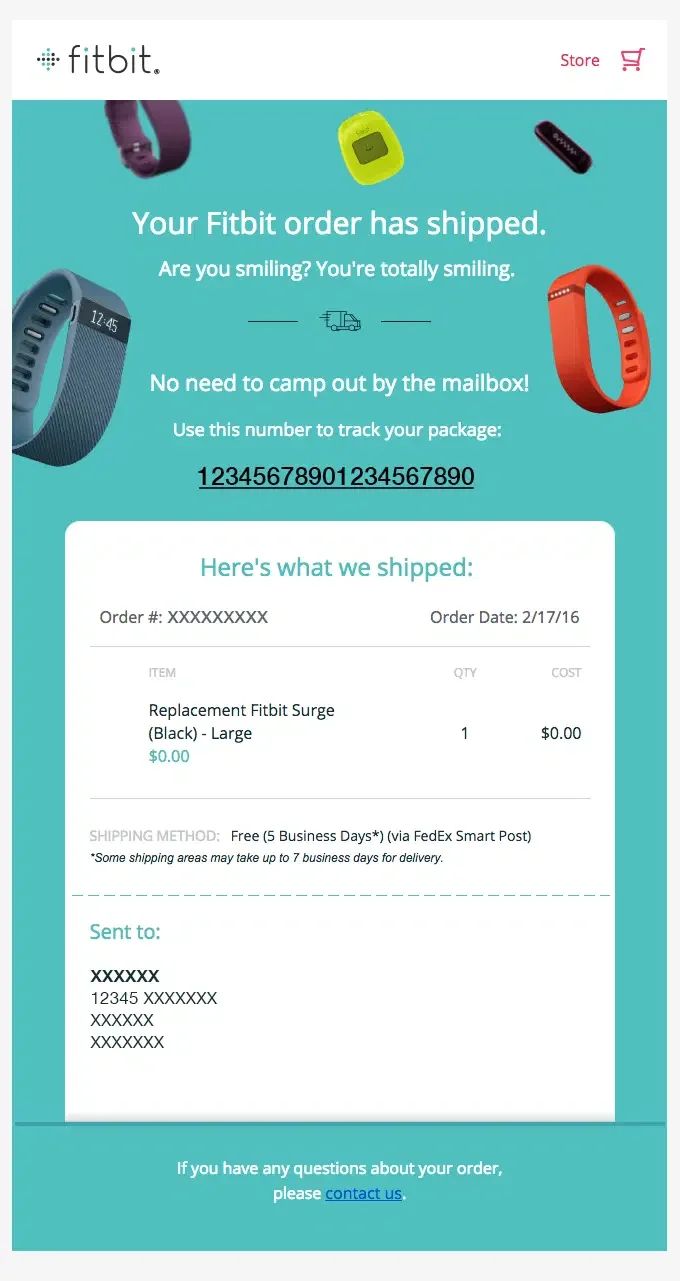 Fitbit shipping confirmation email example with tracking number