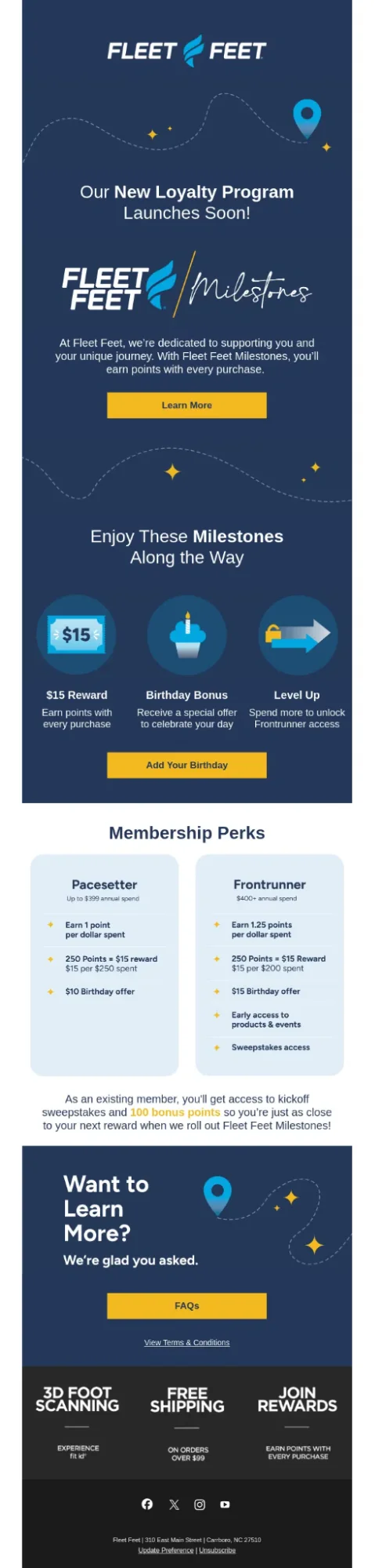 Fleet Feet loyalty program email example for Milestones launch