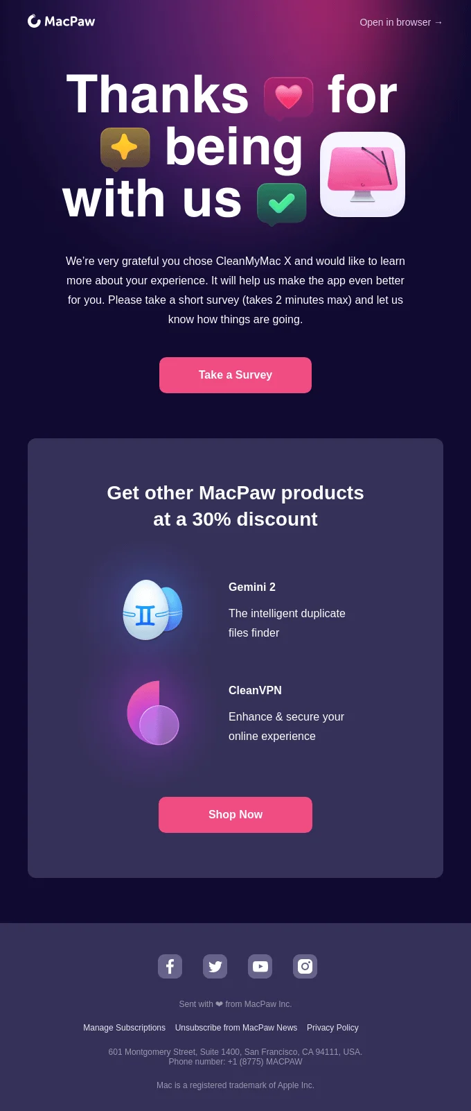 MacPaw cross-sell follow-up email example with survey and product discount