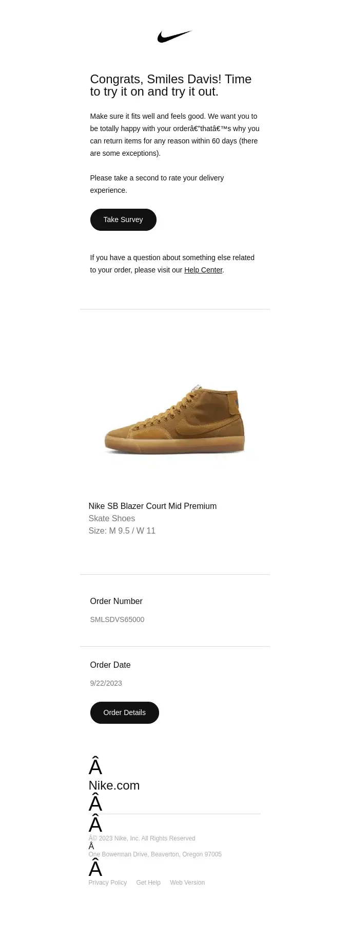 Nike delivery confirmation email example with delivery experience survey