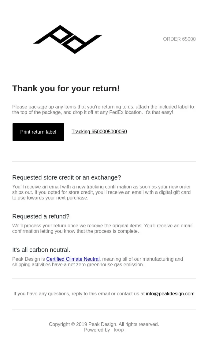 Peak Design return confirmation email example with refund and store credit options