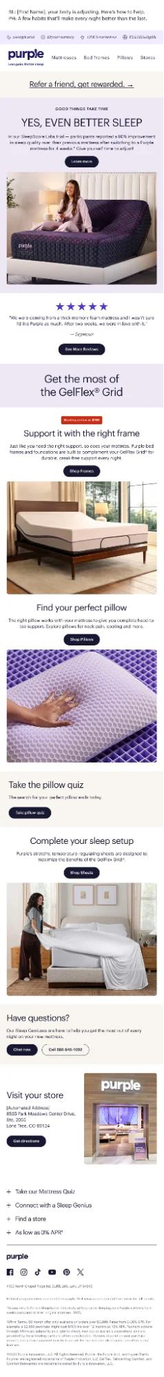 Purple referral program email example with sleep trial social proof