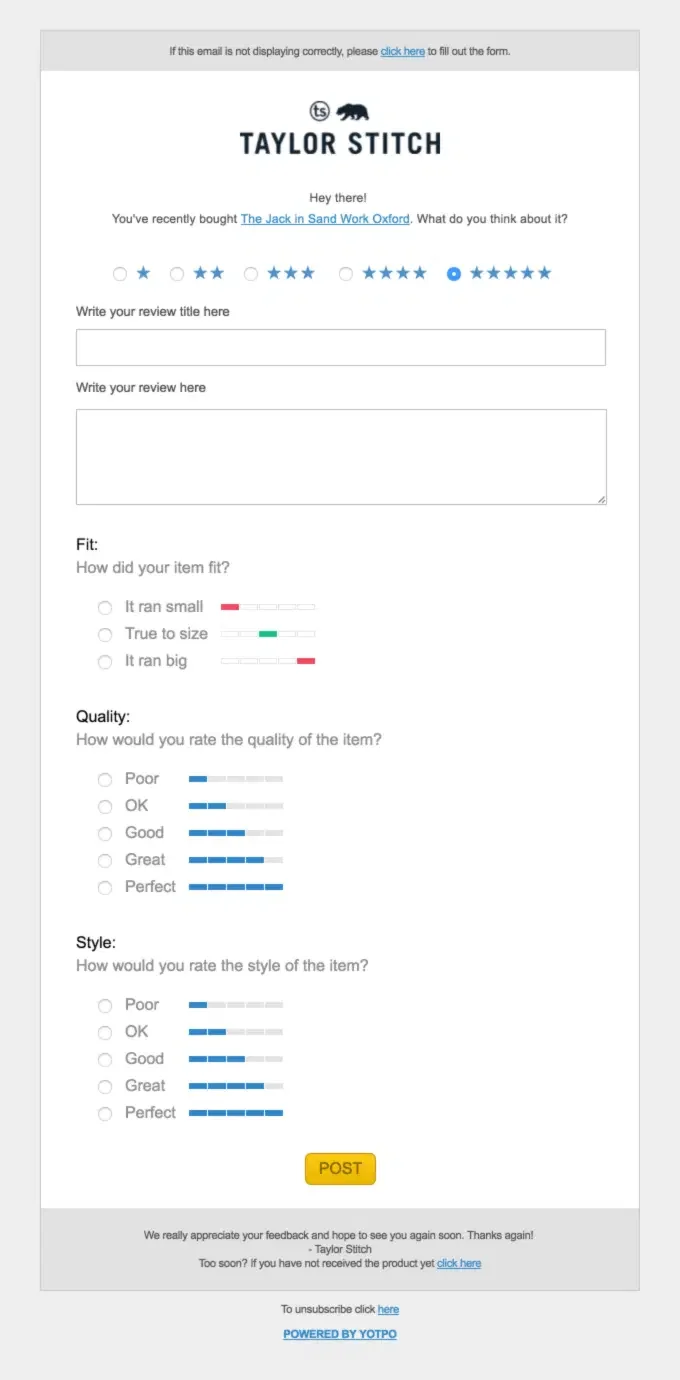 Taylor Stitch feedback and review request email example